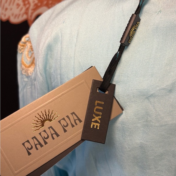 Papa Pia Sky Blue Long-Sleeve Embroidered Maxi Dress with Tassel Tie - Picture 7 of 7